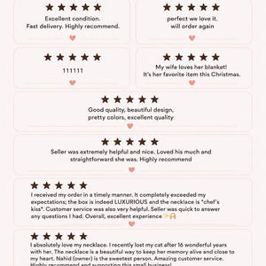 May include: A light pink graphic display featuring the text thank you for supporting my small business and your happiness is guaranteed. It includes seven five-star customer reviews with dark brown text and small heart icons throughout the layout.