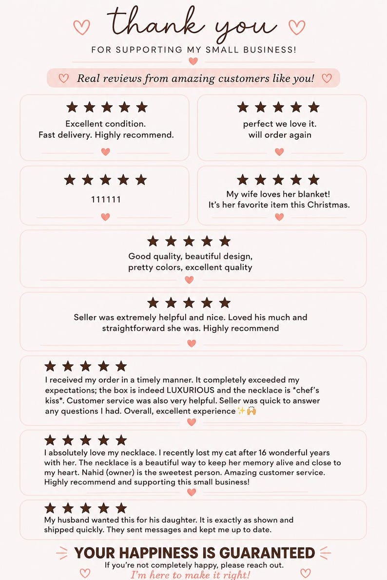 May include: A light pink graphic display featuring the text thank you for supporting my small business and your happiness is guaranteed. It includes seven five-star customer reviews with dark brown text and small heart icons throughout the layout.