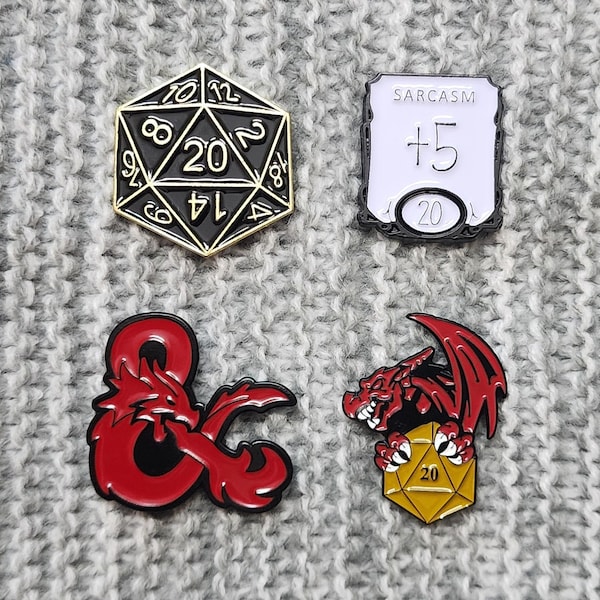 Logo D & D, dés d20, dragons - Épinglette en métal émaillé