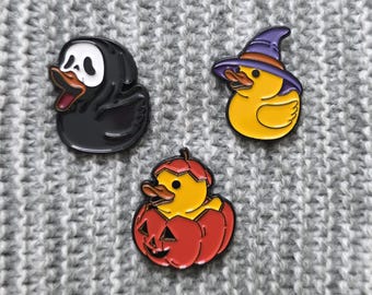 Halloween Rubber Ducks - Ghost Face, Witch, Jack-o-Lantern - Metal Enamel Lapel Pin