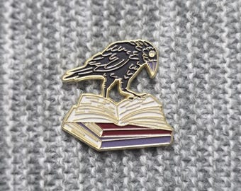 Raven on Books - Metal Enamel Lapel Pin