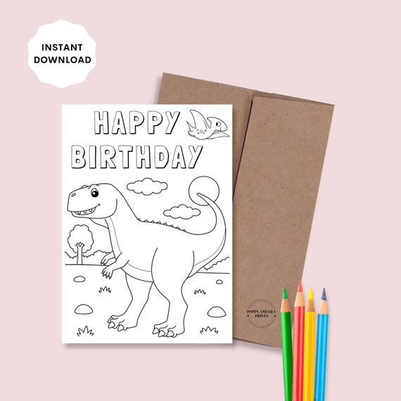 Printable Dinosaur Birthday Card for Kids Coloring Card - Etsy