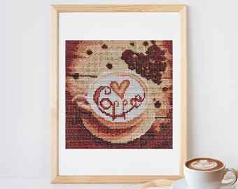 Cuadro de diamantes "Calidez de taza de café" / Terminado y sin marco / 10 x 10 pulgadas.