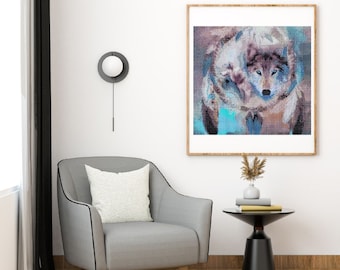 Atrapasueños de lobo / Pintura de diamantes / Terminada y sin marco / 16 x 16 pulgadas.