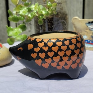 Hedgehog with Rose Gold Hearts / Hand Painted Planter