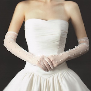 Long Tulle Wedding Bridal Gloves with Pearls | Nylon Wedding Gloves with Pearl Accessories | Sheer Gloves for Formal Event, Party, Cosplay