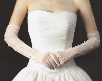 Long Tulle Bridal Gloves with Pearls | Sheer Wedding Gloves
