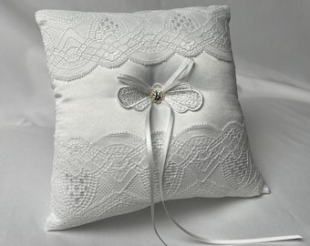 White Satin Ring Bearer Pillow | French Lace Wedding Ring Pillow