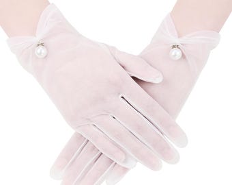 Sheer White Bridal Gloves with Pearl, Touchscreen Compatible