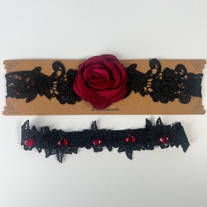 Black Lace Wedding Garter Set | Rose & Red Gems, Handmade