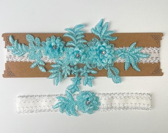 Embroidered Lace Wedding Garter Set | Bridal Toss Garter Belt with Lace Flower Decoration | Available in Pink, White, Black, Something Blue