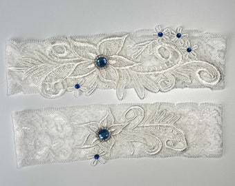 White Lace Wedding Garter Belt with Blue or Red Gemstone | Intricate Lace Garter Set | Gemstone Garter Belt | Something Blue Garter