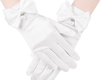 Ivory Satin Gloves with Pearl Bow | Bridal Wedding Gloves