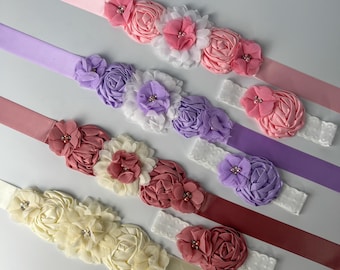 Floral Flower Girl Sash, Baby Shower Maternity Belt with Headband