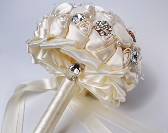 8" Jeweled Bridal Brooch Bouquet | Rhinestone Pearl Wedding Roses