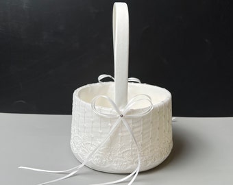 Lace Wedding Flower Basket | White Round Basket with Bows