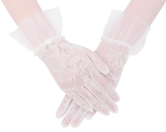 Lace Bridal Gloves with Pearls | Sheer Wedding Gloves
