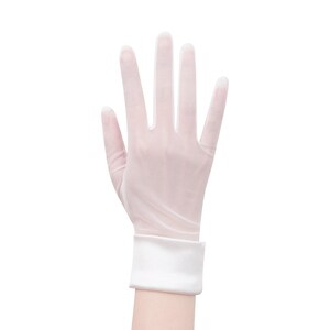 May include: A sheer, pale pink glove with a white cuff, displayed against a white background. The glove is worn on a hand, with the fingers spread open. The cuff is a solid white band.