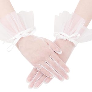 Tulle Wedding Bridal Gloves with Ribbon | Ribbon Wedding Gloves | White Sheer Gloves for Formal Event, Party, Cosplay | Victorian Gloves