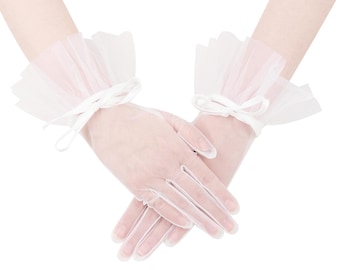 Tulle Bridal Gloves with Ribbon | Sheer White Ruffle Gloves