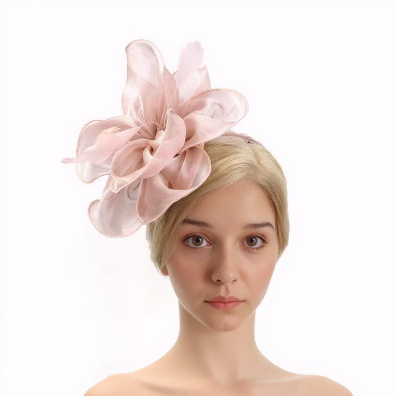 Pode incluir: Um acess&oacute;rio de cabelo rosa em forma de flor, feito de tecido macio e transparente. O acess&oacute;rio &eacute; usado no lado da cabe&ccedil;a e apresenta um design delicado e feminino.