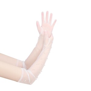 May include: White long gloves with pearl embellishments. The gloves are sheer and delicate, with a subtle shimmer.