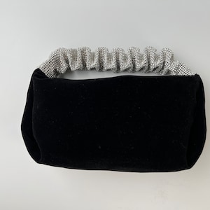 Black Velvet Wedding Clutch Bag with Shiny Rhinestone Handle | Velvet Evening Clutch Bag | Shiny Party Clutch Bag | Velvet Bridal Clutch