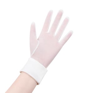 May include: A sheer white glove with a wide white cuff. The glove is made of a delicate, semi-transparent material, allowing the skin to be partially visible. The cuff is smooth and opaque.
