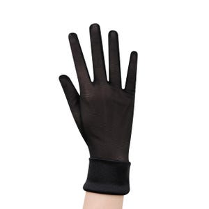 May include: A single black sheer glove with a smooth, velvety cuff. The glove is made of a lightweight, see-through material, and the fingers are fully extended. The cuff is a solid black color.