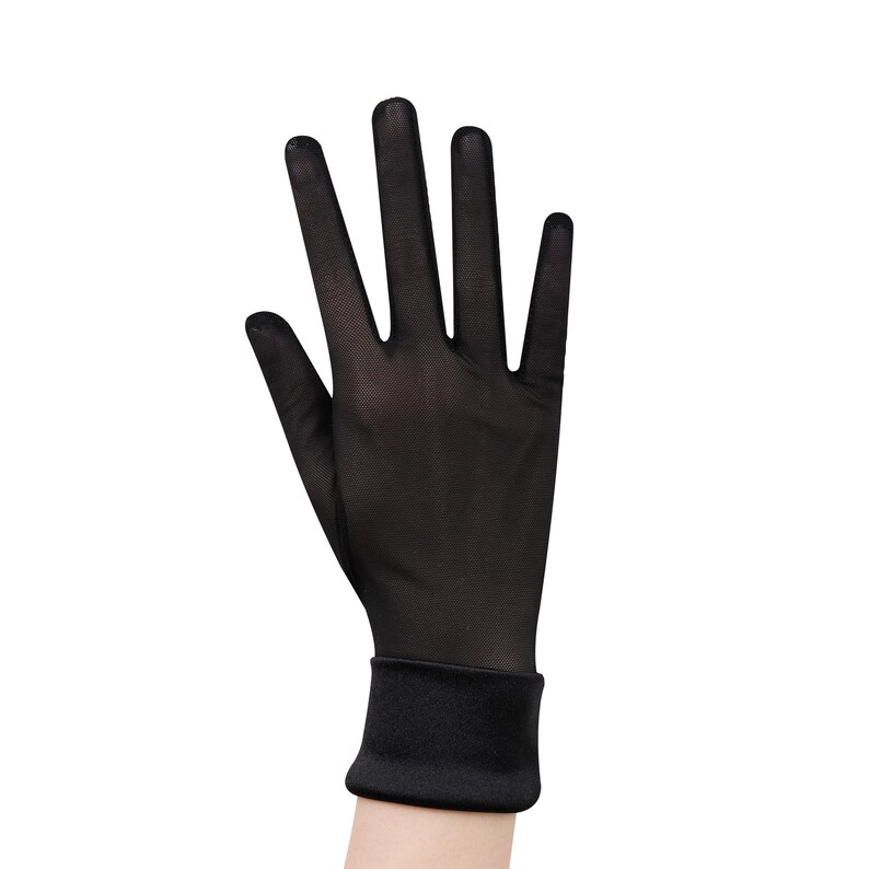 May include: A single black sheer glove with a smooth, velvety cuff. The glove is made of a lightweight, see-through material, and the fingers are fully extended. The cuff is a solid black color.
