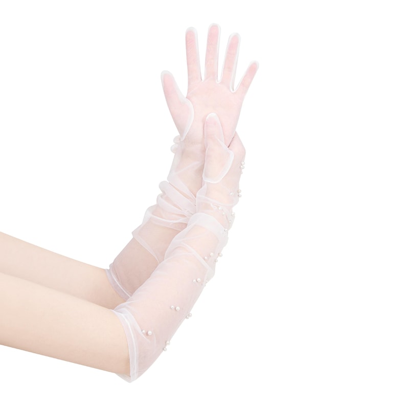 May include: White long gloves with pearl embellishments. The gloves are sheer and delicate, perfect for a special occasion.