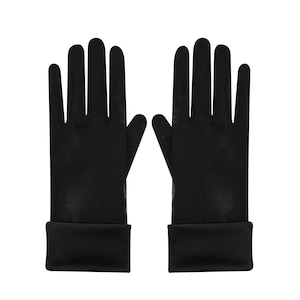 May include: A pair of black gloves with a smooth, sleek appearance. The gloves have a cuff at the wrist and are made of a thin, possibly sheer material. The fingers are fully extended, showcasing the glove's form.