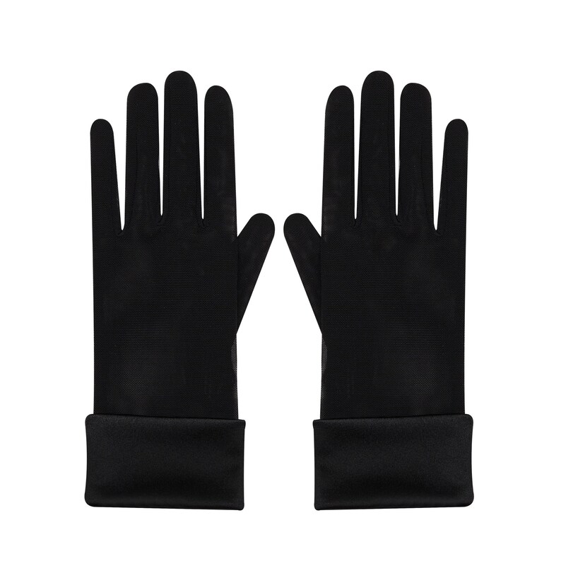 May include: A pair of black gloves with a smooth, sleek appearance. The gloves have a cuff at the wrist and are made of a thin, possibly sheer material. The fingers are fully extended, showcasing the glove's form.