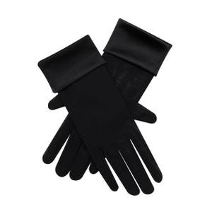 May include: A pair of black gloves with a satin cuff. The gloves are made of a sheer material, and are crossed over each other against a white background. The gloves are a solid black color.