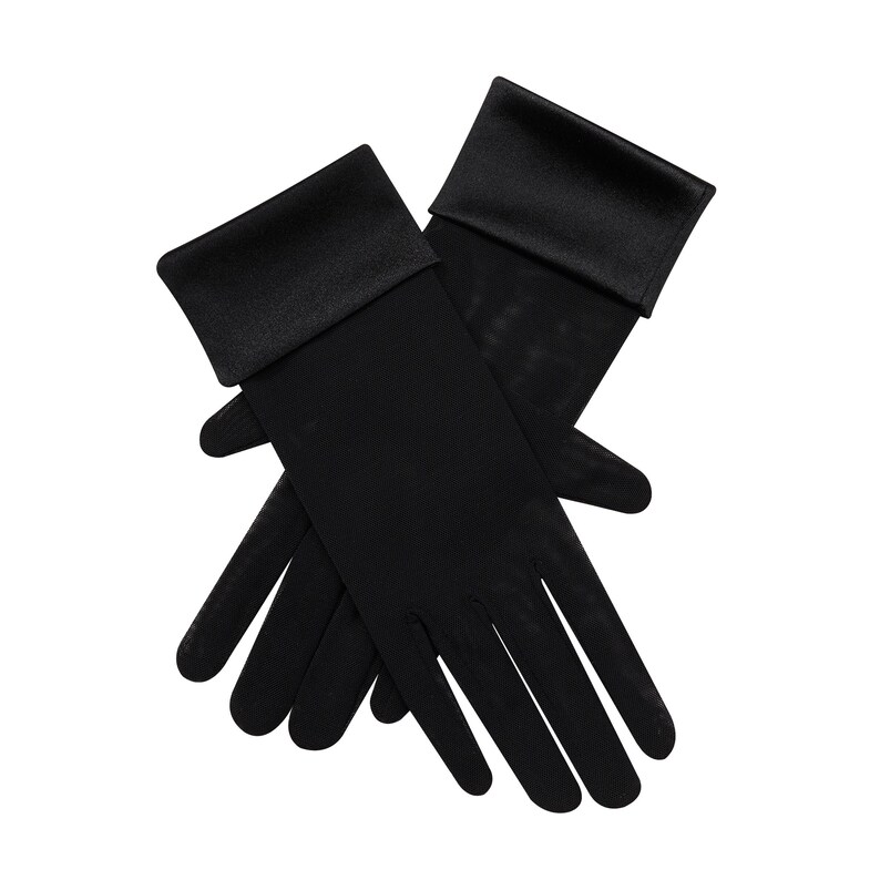 May include: A pair of black gloves with a satin cuff. The gloves are made of a sheer material, and are crossed over each other against a white background. The gloves are a solid black color.