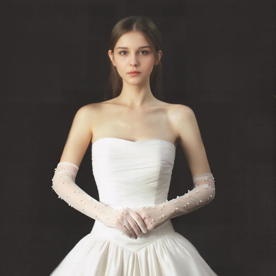 Long Tulle Bridal Gloves with Pearls | Sheer Wedding Gloves