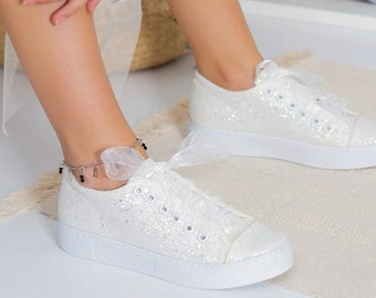 Bridal Shoes New Extra Lightened Sole Custom Desing Customization Options Wedding Bridal Shoes, Glitter White sneakers, bridal converse