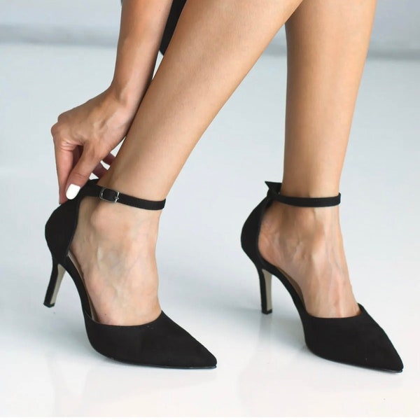 Black shoes for women, Handmade Black High Heel Sandals, Black suede Shoes, Ankle Strap Heels, Black Heels