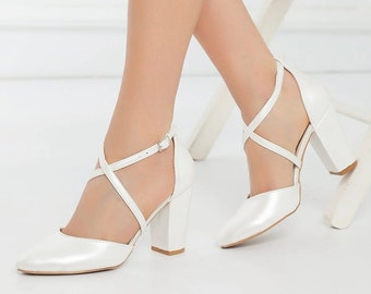 Closed Bridal Shoes, Ankle Cross Lacing, Platform Sole, Comfortable Bridal, Thick Heel, ivory wedding shoes