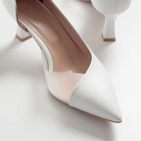 Wedding shoes, bridal shoes, transparent bridal shoes, White low heel shoes, beige shoes, beige stiletto