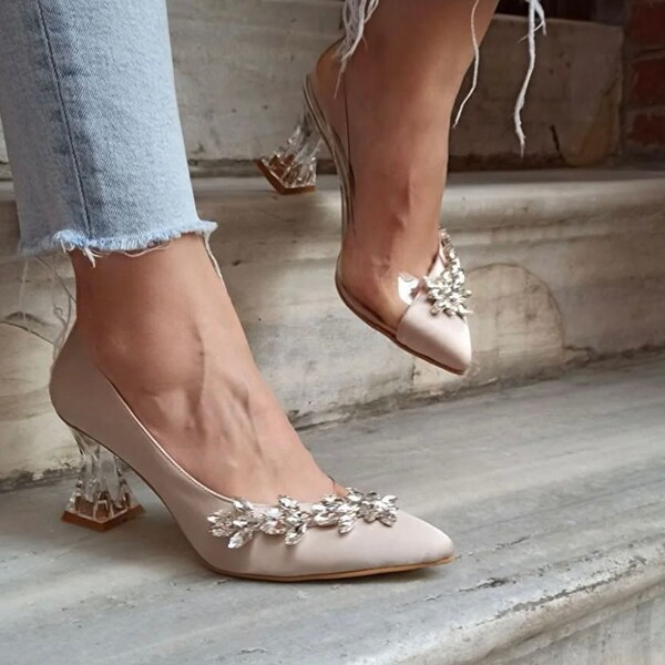 Scarpe da sposa, Scarpe romantiche con tacco Scarpe da sposa, Scarpe da sposa trasparenti, Scarpe da sposa Cenerentola, Scarpe con tacco trasparenti,