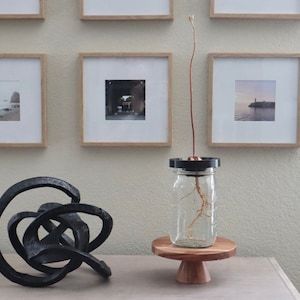 May include: A black metal sculpture sits on a table next to a glass jar with a plant growing in it. The plant has a long stem and roots growing in the water. The jar is on a wooden stand.