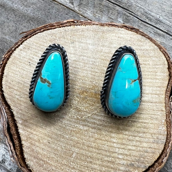 Navajo Made Kingman Turquoise Stud Earrings by Dreama Yazzie Sterling Silver Vintage Handmade