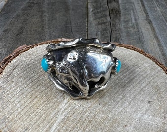 Navajo Made Turquoise Buffalo Ring Sterling Silver Vintage Mens RB Running Bear Size 10.75