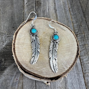 Navajo Made Turquoise Sterling Silver Dangling Feather Southwestern Earrings 1 3/8” long