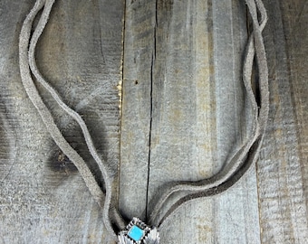 Turquoise Multi Stone Pendant Choker Necklace with Leather & Silver 15” RB Navajo