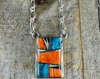 Multi Stone Southwestern Pendant Necklace Spiny Oyster Turquoise Mother of Pearl Onyx 18”