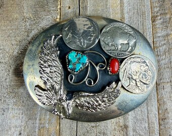 Southwestern Belt Buckle Sterling Silver, Turquoise, Coral & Buffalo Nickels