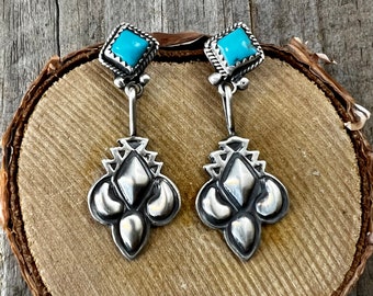 Navajo Made Turquoise & Sterling Silver Dangling Earrings Vintage Handmade