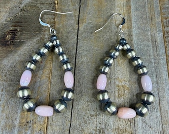 Conch Shell & Navajo Pearl Bead Earrings Pink 1 3/4” Long